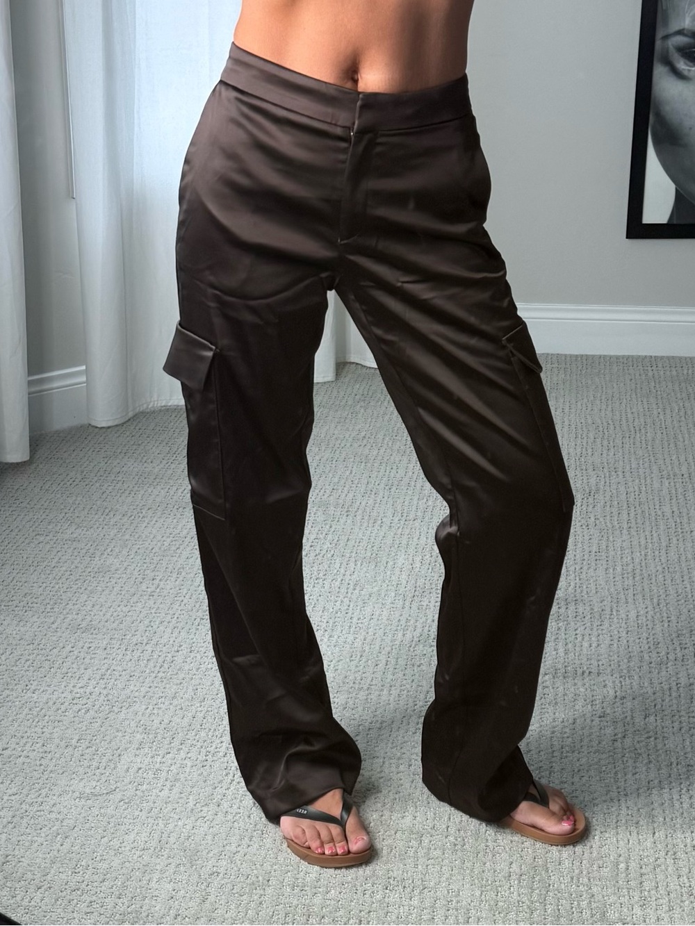 Babaton Dark Brown Wide-Leg Satin Cargo Pants